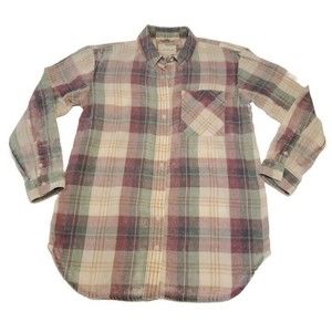 American Eagle Shirt Mens XS Off White Green Red Plaid Distressed Button Down LS